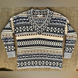 MADEWELL WOOL-BLEND V-NECK CROP SWEATER. WINTER PRINT- FITS LIKE A MEDIUM (XS)